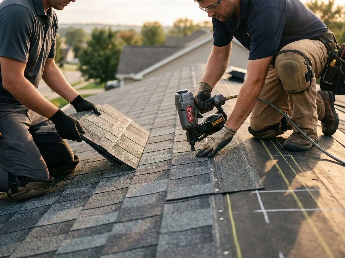 Professional roofer working on a residential roof in Bucyrus